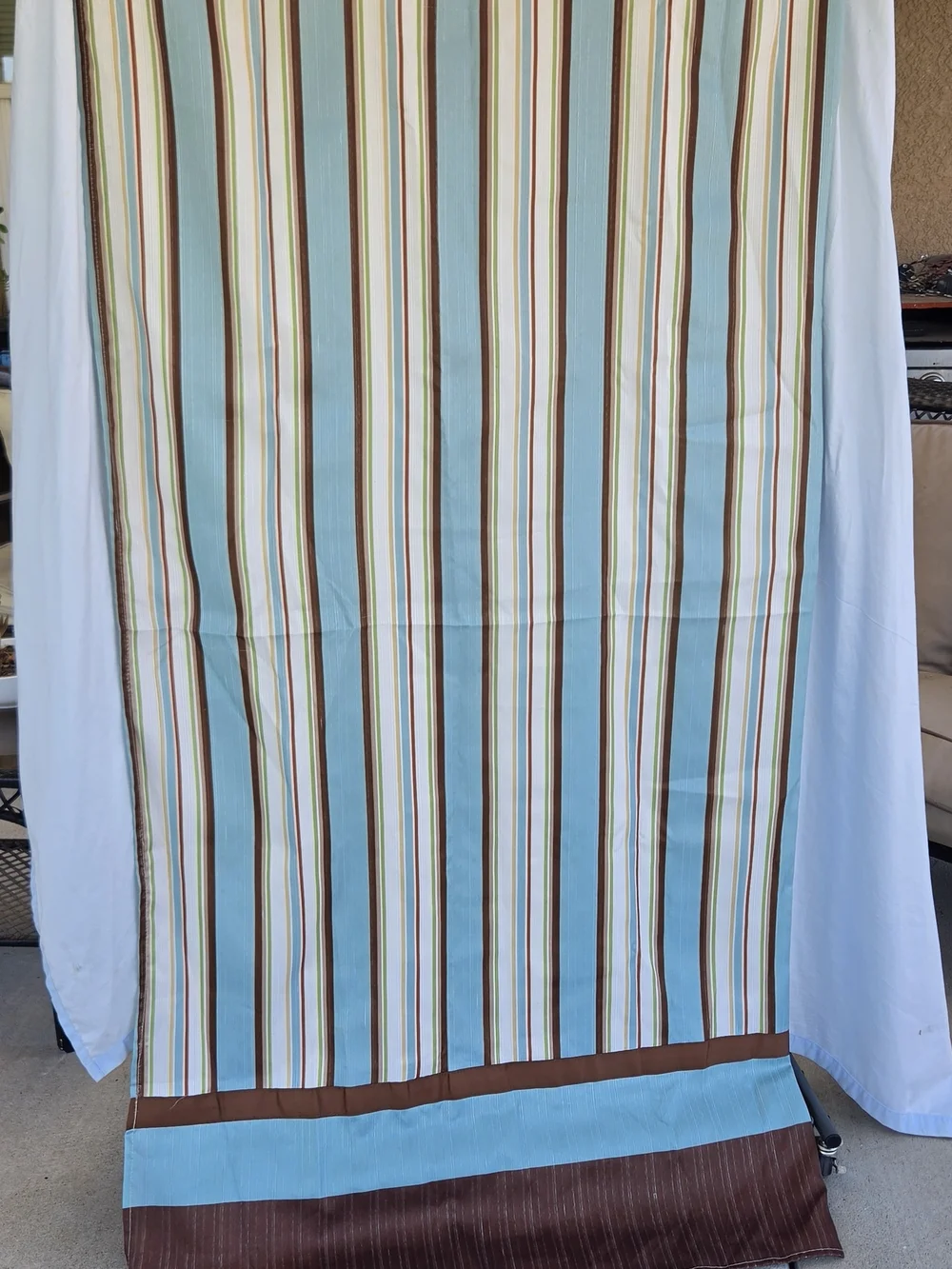 Teal, Cream, Brown Striped Shower Curtain W/Decorative Curtain Hooks - 70x70